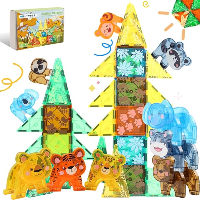 3D Animals Magnet Tiles Sensory Toys (61pcs Jungle Animals, 10pcs Cute Animals) - osettoys