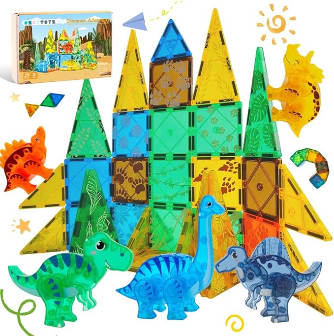 Dinosaurs Cartoon Animals 53 Piece Magnet Tiles - osettoys